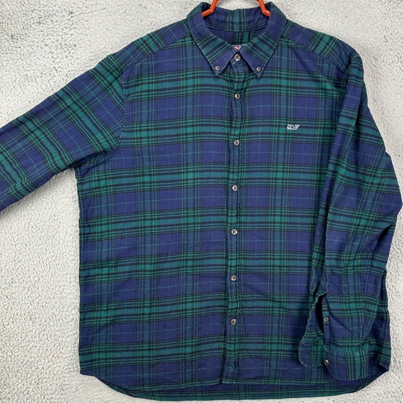 Vineyard Vines Shirt Flannel Men XL Blue Green Plaid Button Up Stretch Authentic